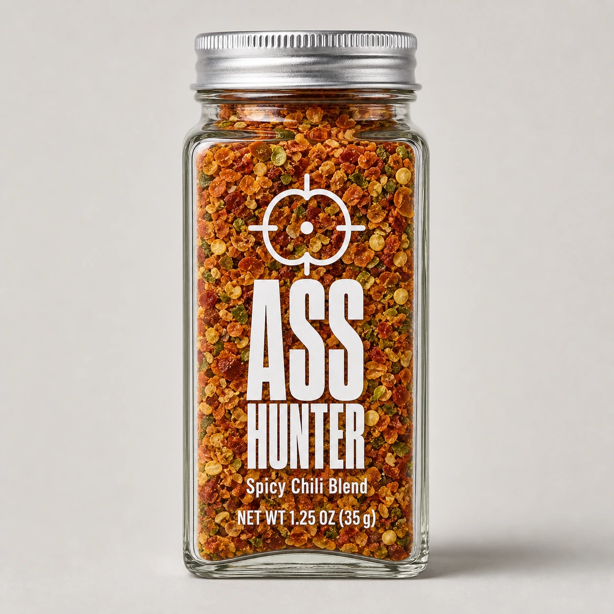 Front view of the ASS HUNTER chili blend jar