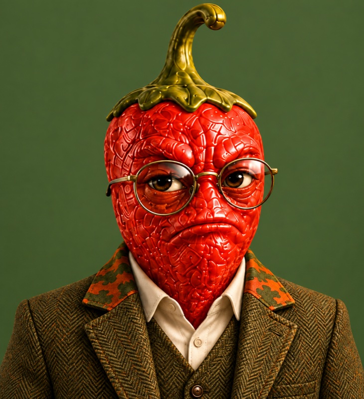 The ASS HUNTER pepper mascot as a studious professor, wearing round reading glasses and a tweed jacket