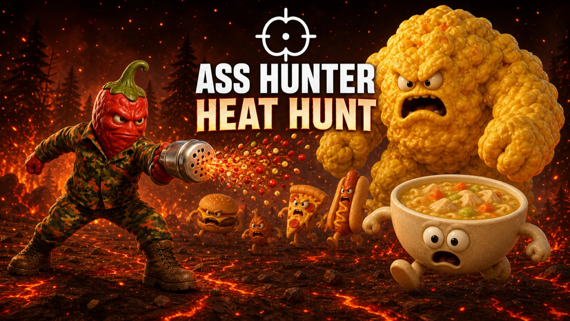 Heat Hunt cover art with the ASS HUNTER mascot firing chili seasoning at food enemies in a fiery forest