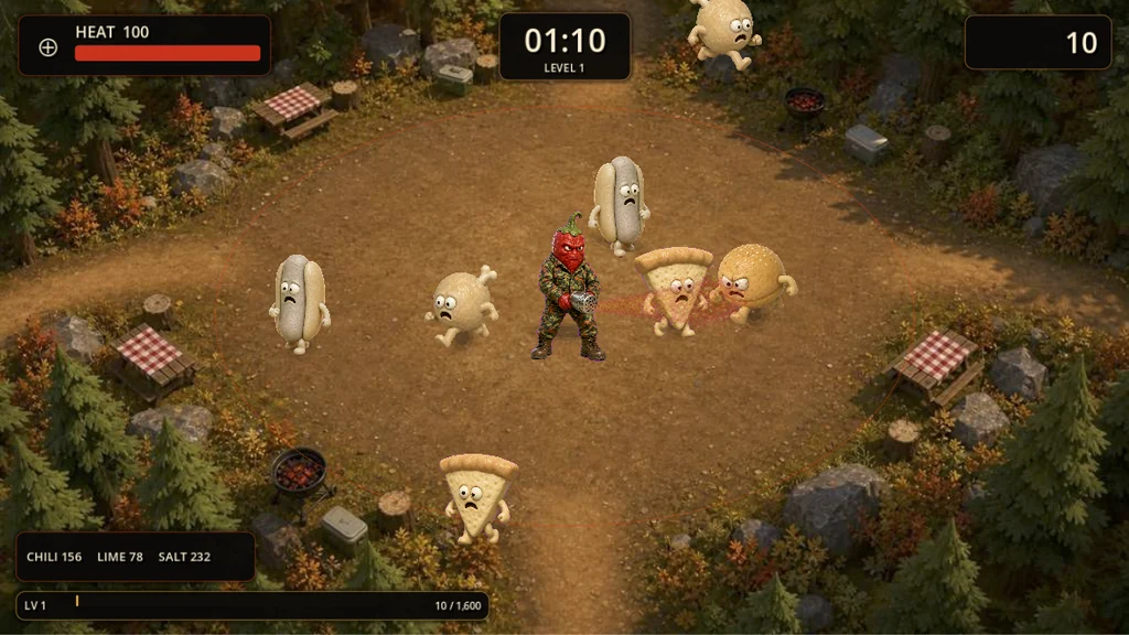 Heat Hunt arcade game with the pepper mascot running through a city
